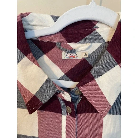 Faherty Size L Burgundy Plaid Flannel Button Down Belted Midi Shirt Dress - Picture 4 of 8